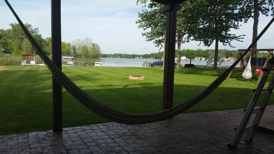 View from under our covered outdoor space, Family Hammock, large flat yard shade