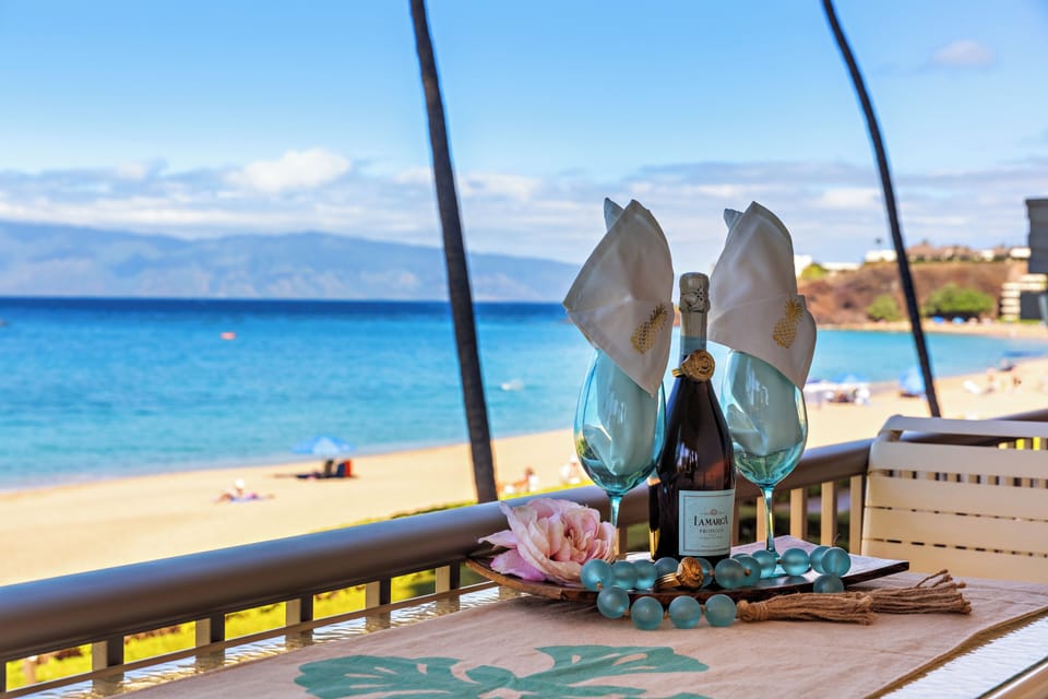 Experience wine and cocktail hour with unobstructed views of Kaanapali Beach