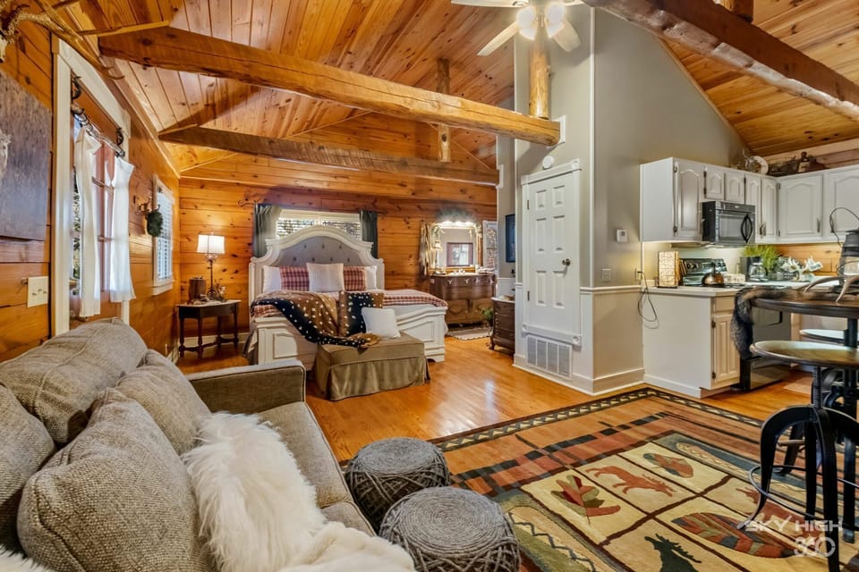 Light hued decor makes this cabin the perfect, peaceful forest retreat.