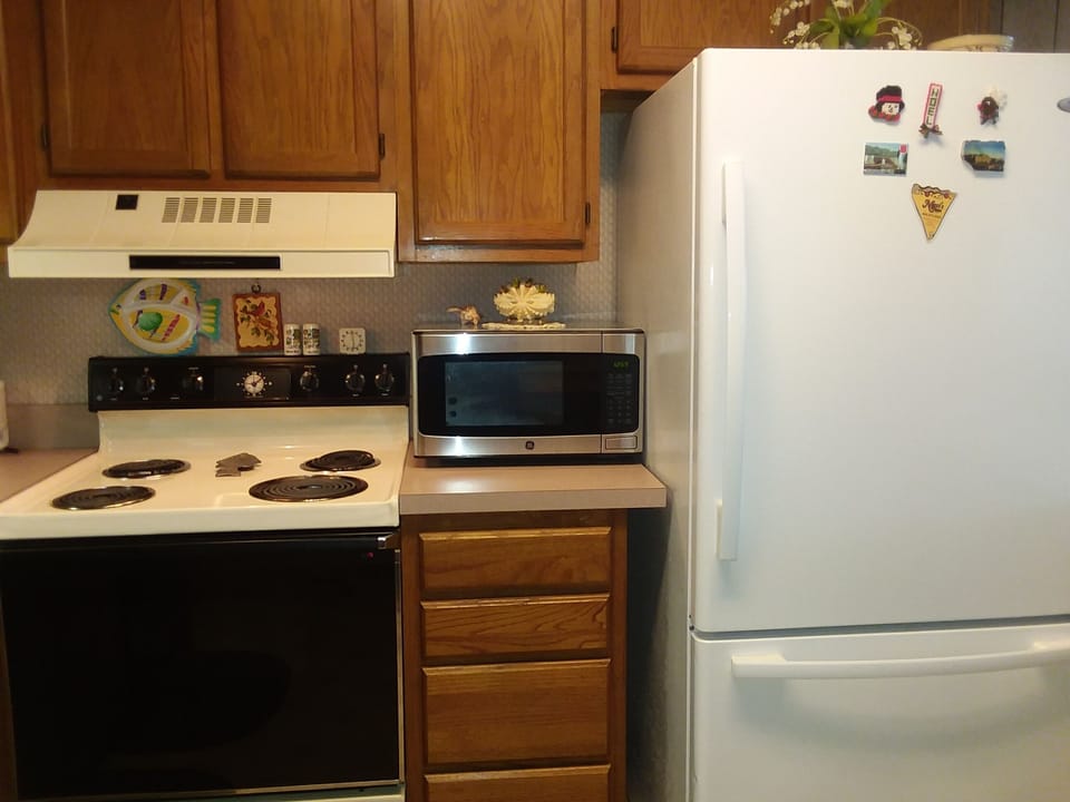 Kitchen; large stove, Bran new microwave, large refrigerator. 