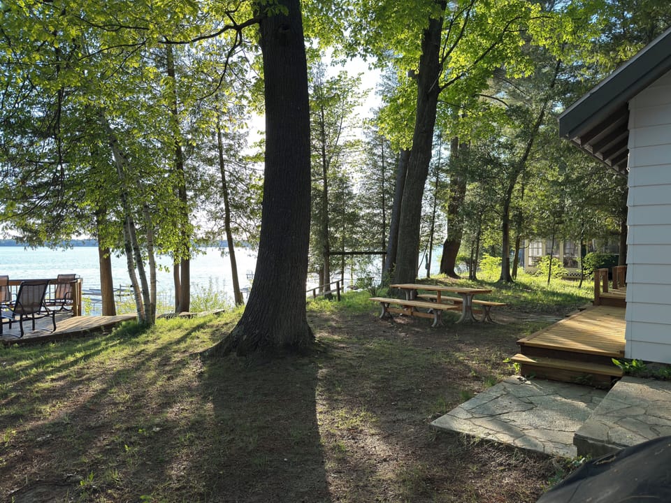 You can eat outside at the picnic table or on the deck.