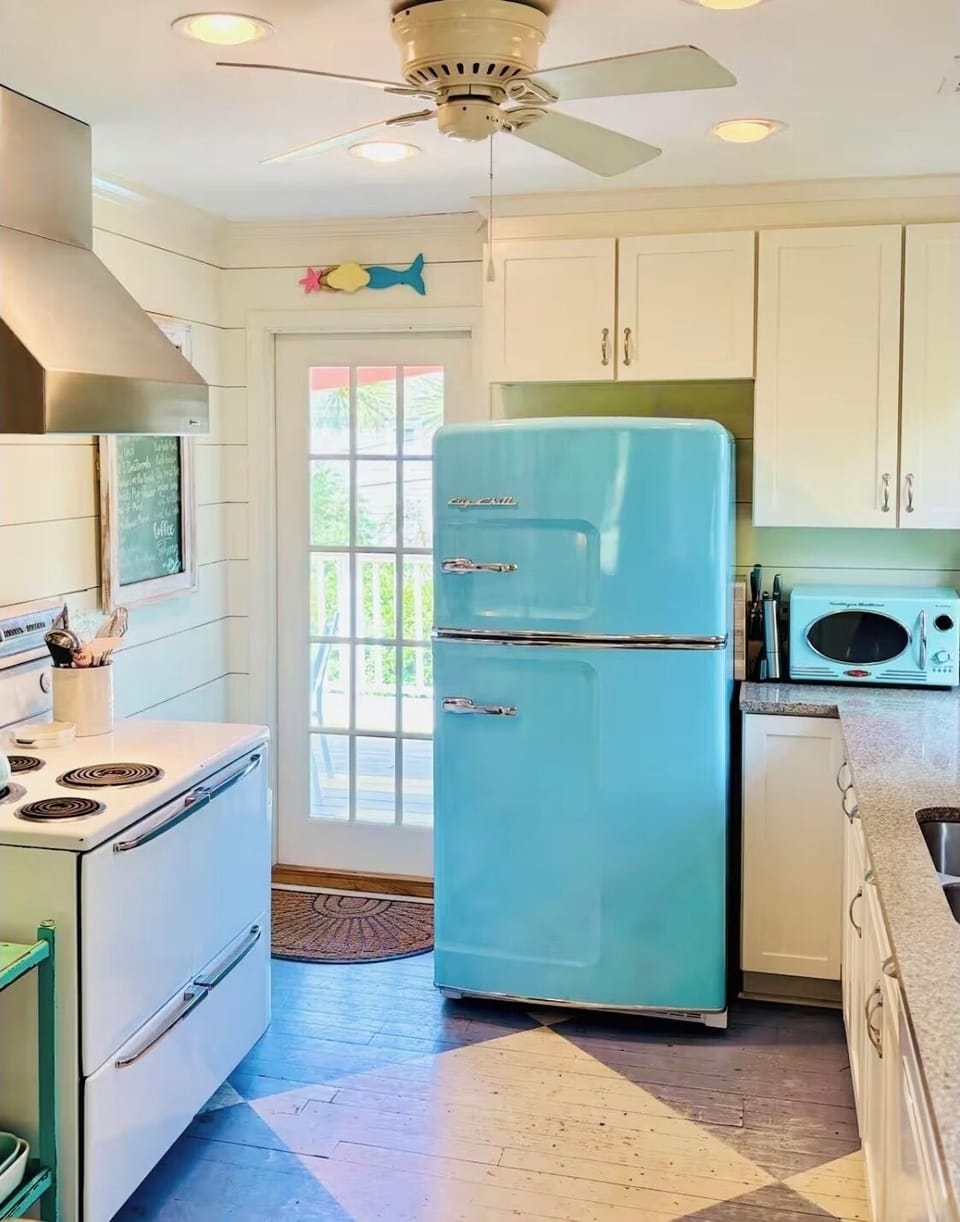 The retro Big Chill refrigerator, with ice maker, is everything in this space