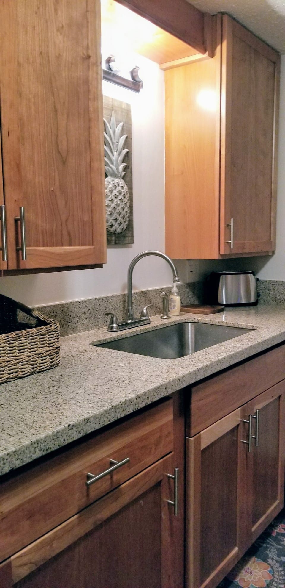 Newly remodeled kitchen with granite countertops and stainless steel appliances.