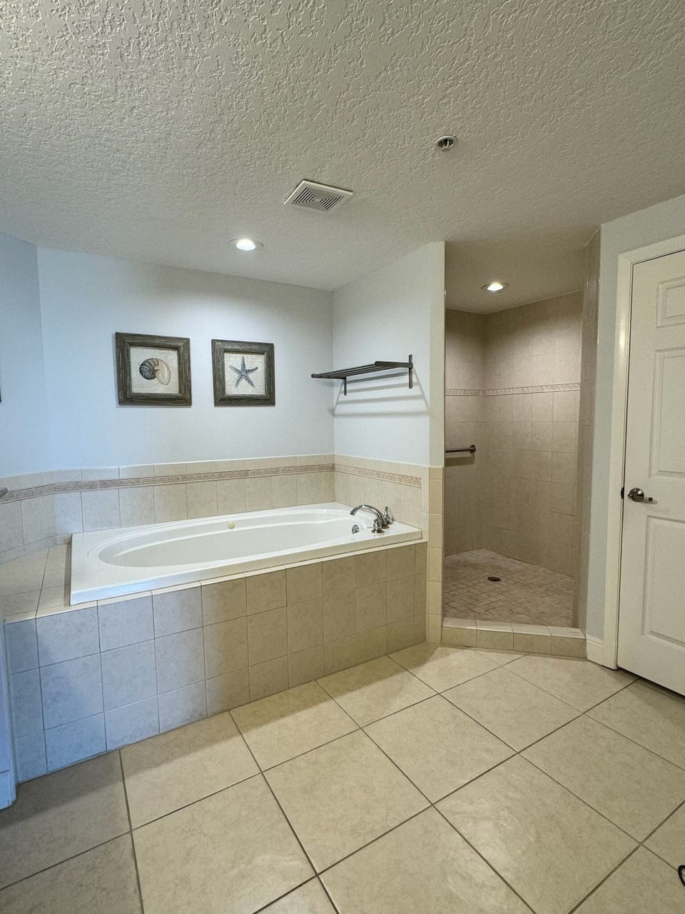 Jetted tub and walk-in shower with grab rails, rain shower head and hand held