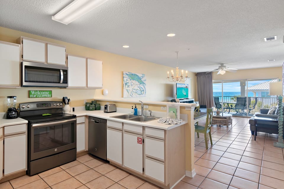 The kitchen flows into the living space for easy togetherness.