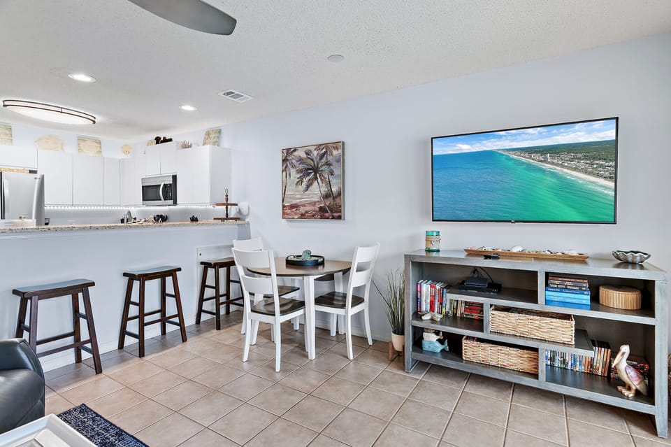 An open layout with bar seating, ideal for gathering.