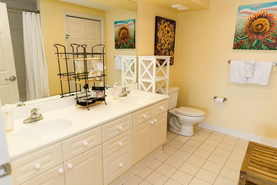 Master bath. Two sinks, high end amenities.  Tub/shower.  Lots of supplies. 