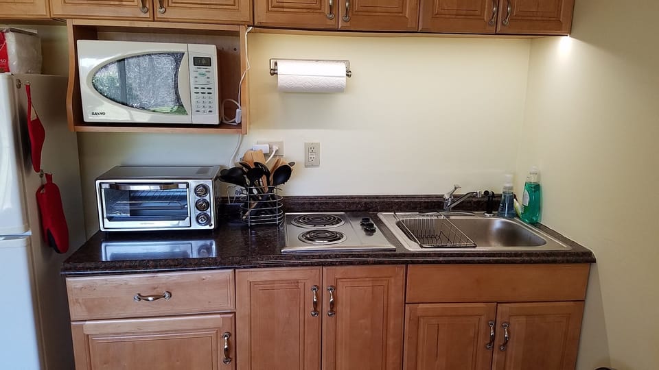Kitchen will two-burner stove top, microwave, toaster oven and fridge.