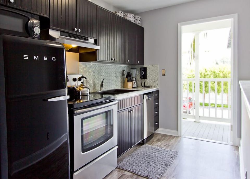 Imported SMEG Fridge and patio just outside for morning coffee and reading