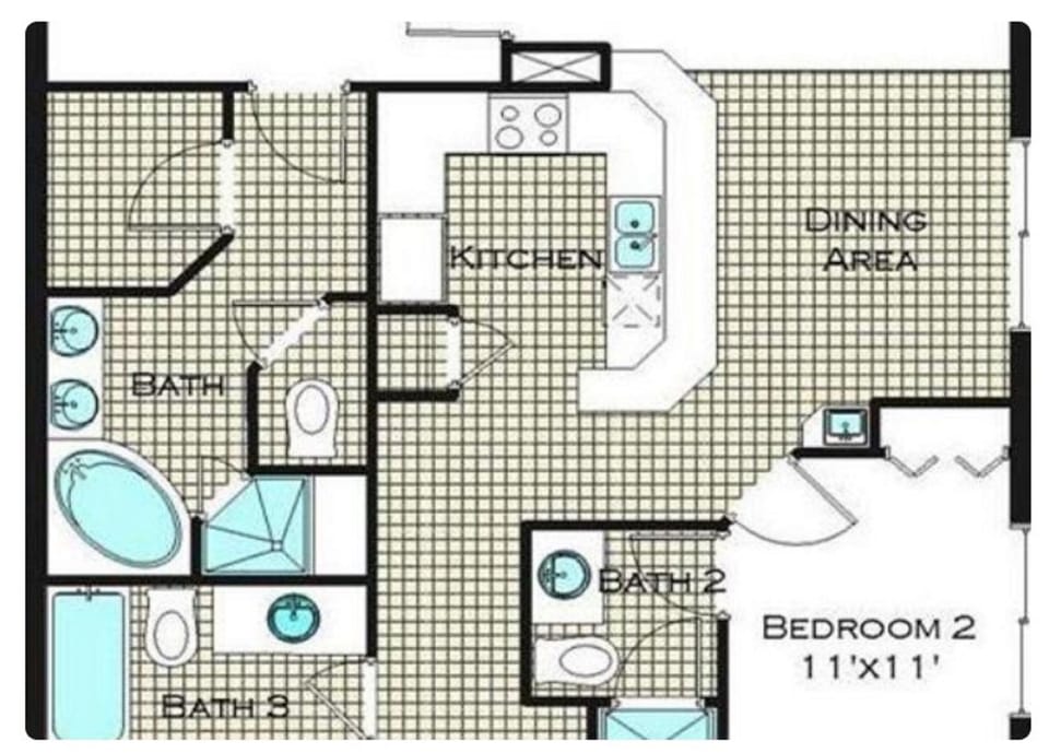 Detailed floor plan showcasing the thoughtful layout with open kitchen, dining area, and two comfortable bedrooms with private bathrooms.