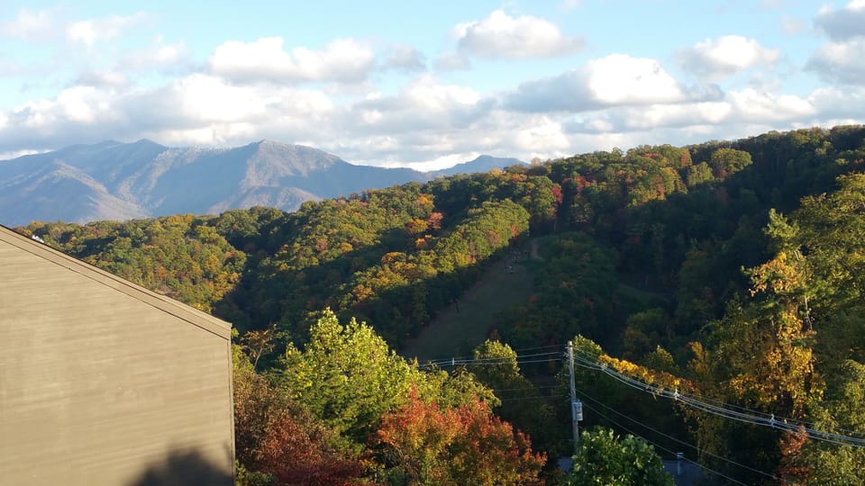 Fall view of Mt LeConte seen from the balcony, the grassy area is Ober ski slope