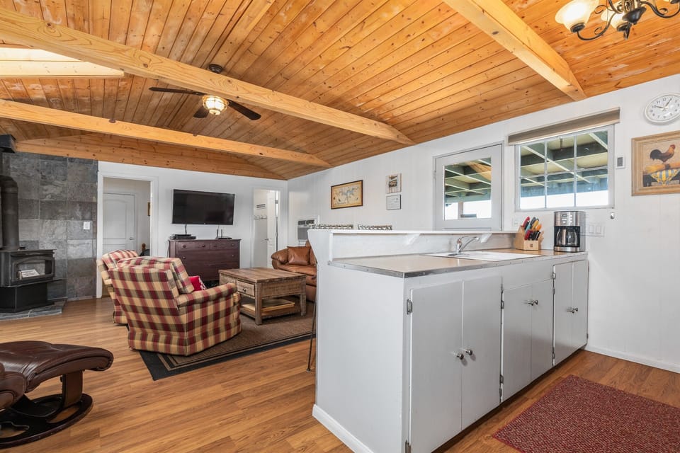 living room and kitchen, wood stove not available for guest use