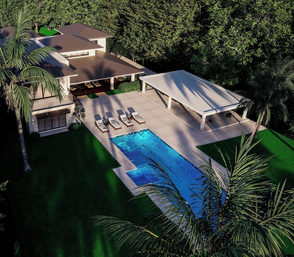New look for November 2027!
Rectangular 14m pool, wider gazebo and TV room 