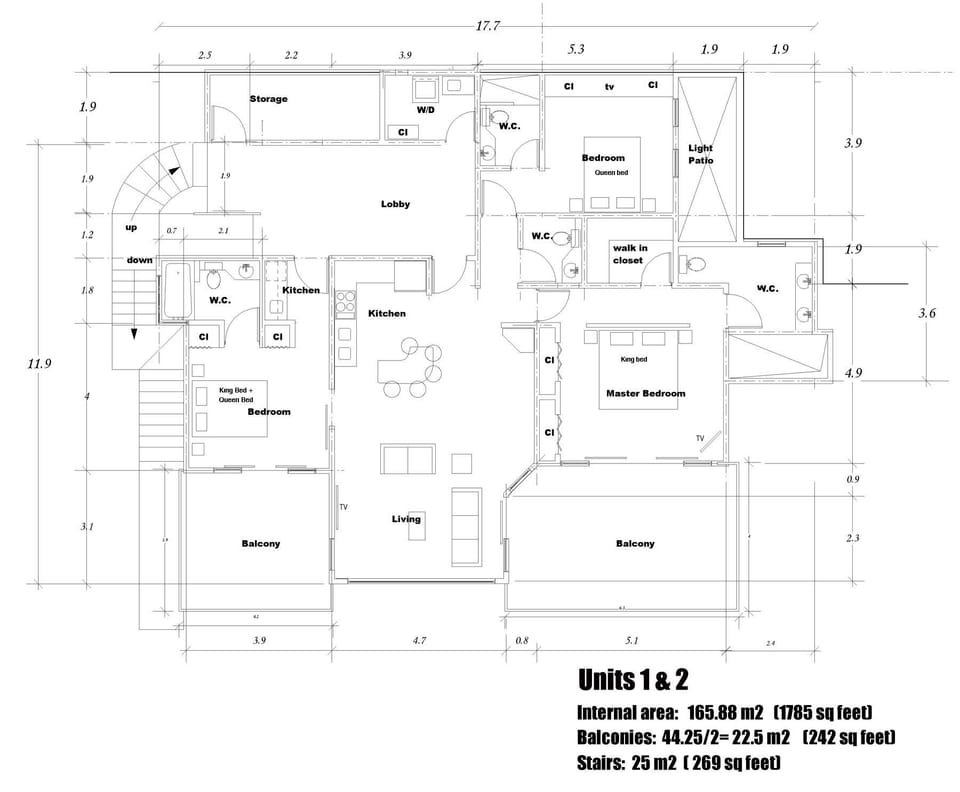 Floorplan for the bottom two floors. Sleeps up to 8 per floor in beds (2/bed).
