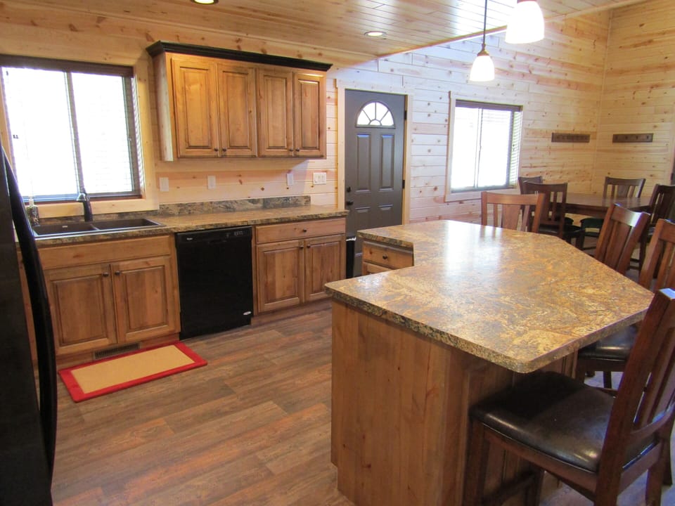 View of the kitchen from the back of the cabin.