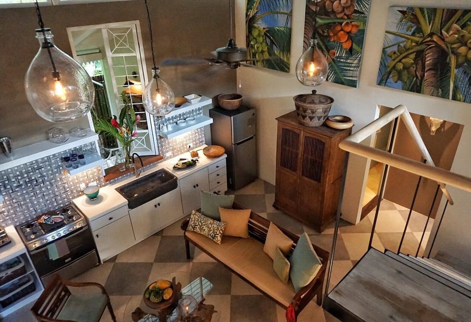 The main living area and kitchen overhead from the loft.