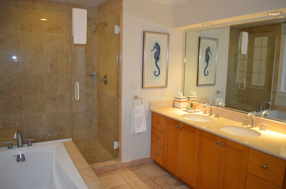 Elegant master bath with tub and walk in shower