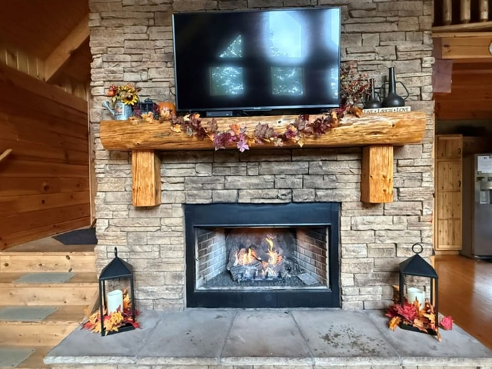 Autumn season decor around the fireplace