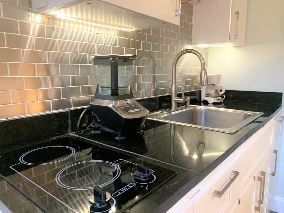 Clean stylish stainless steel backsplash and glass cooktop in kitchenette