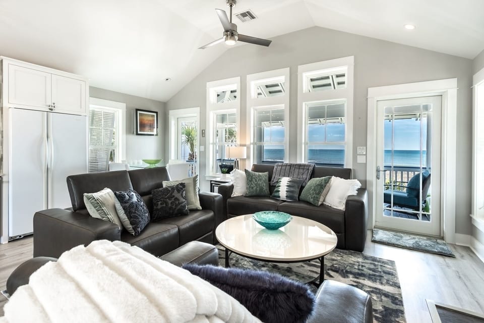 Gulf View from Main Living with Leather Sofas and Love Seats 