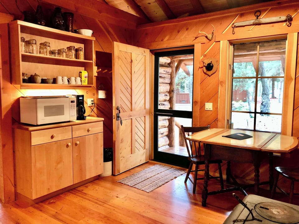 Kitchenette and dining area with small cooking and sink area with microwave and toaster