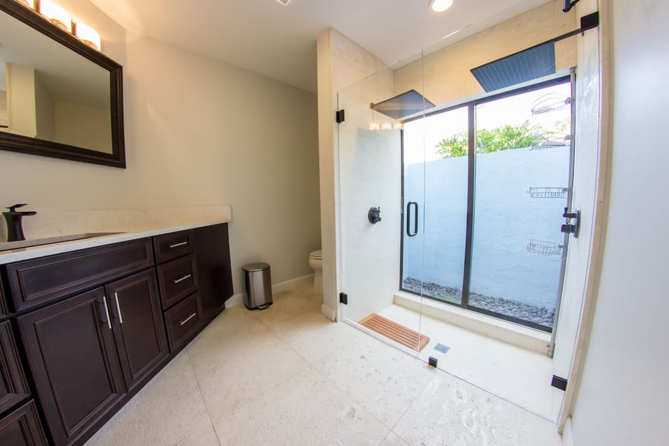 Master bathroom, future double shower, body wash and shampoo provided. 