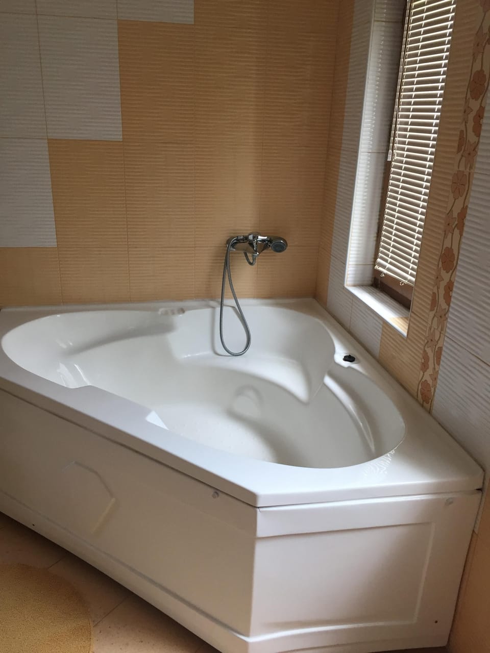 Corner bath with shower.