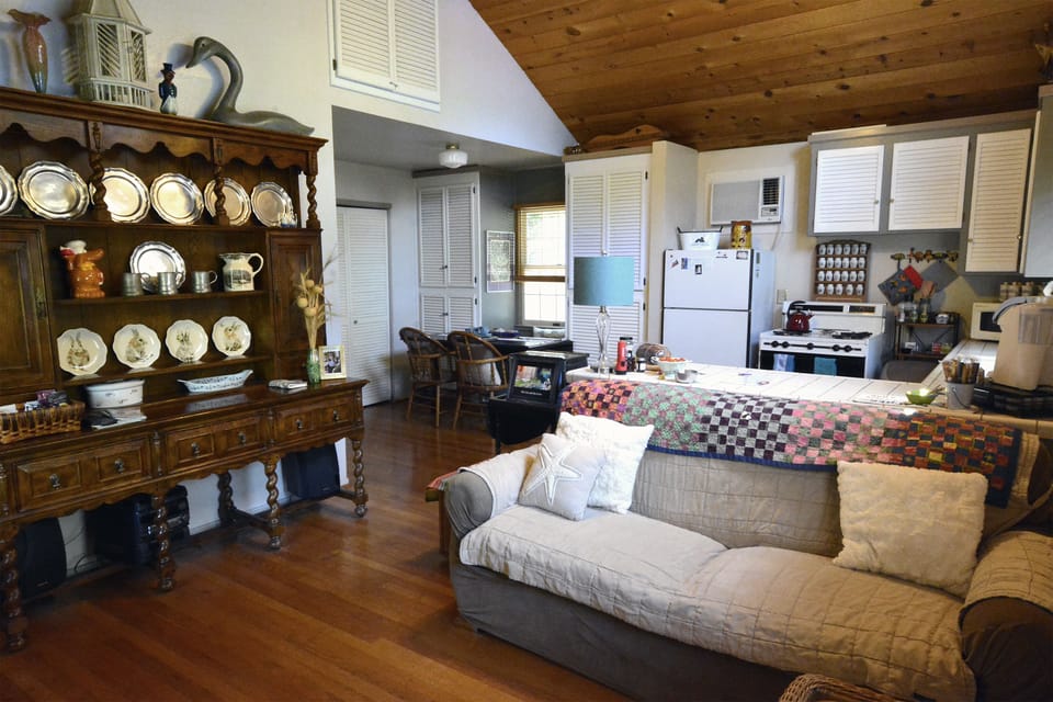 Living Room, kitchen, dining area, washer/dryer.