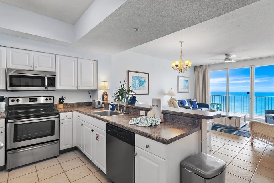 Full-size appliances and counter space for cooking in.