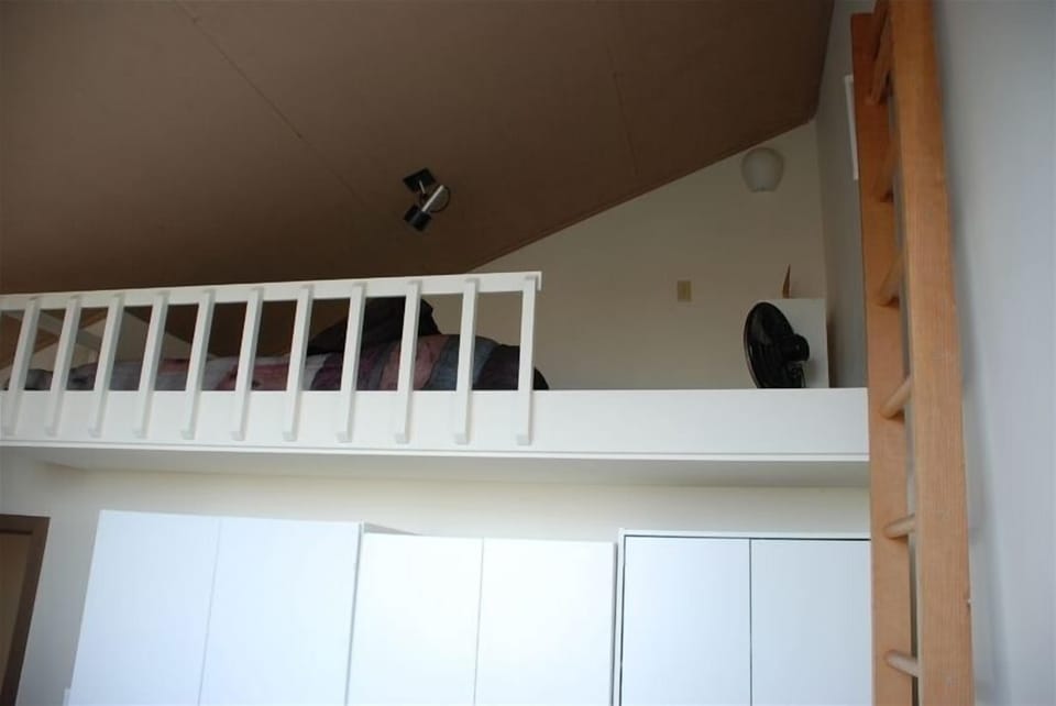 Double bed in loft (ladder access) has a great view of city and water—Romantic! 