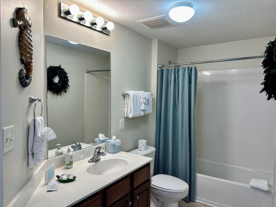 2nd bathroom with hall and guest bedroom access.