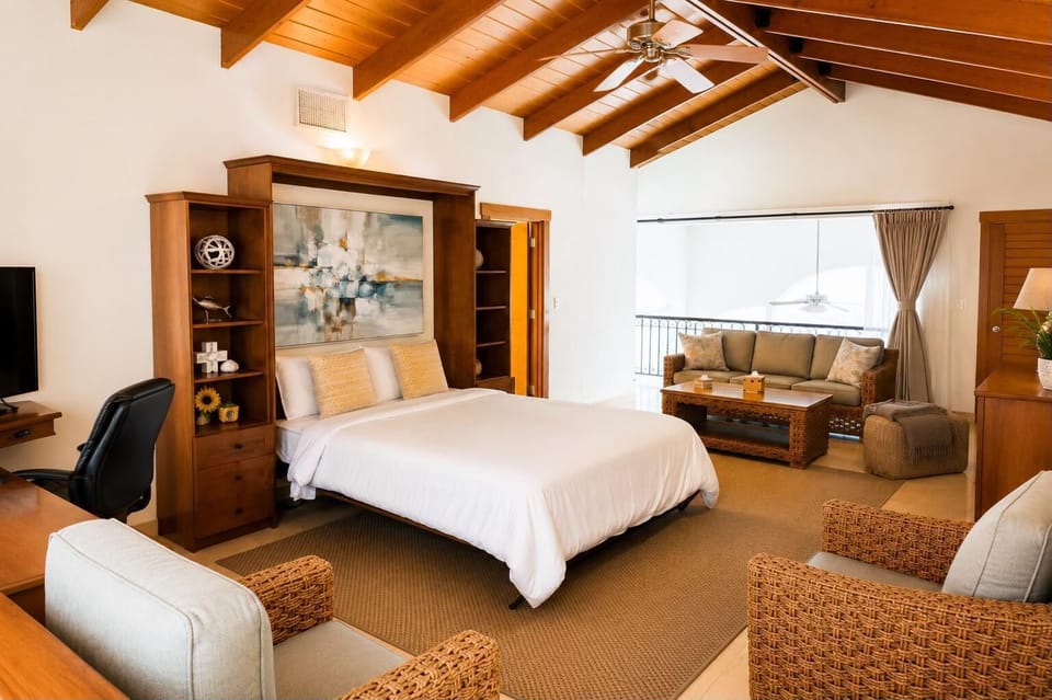 Queen Murphy bed framed by built-in shelving.