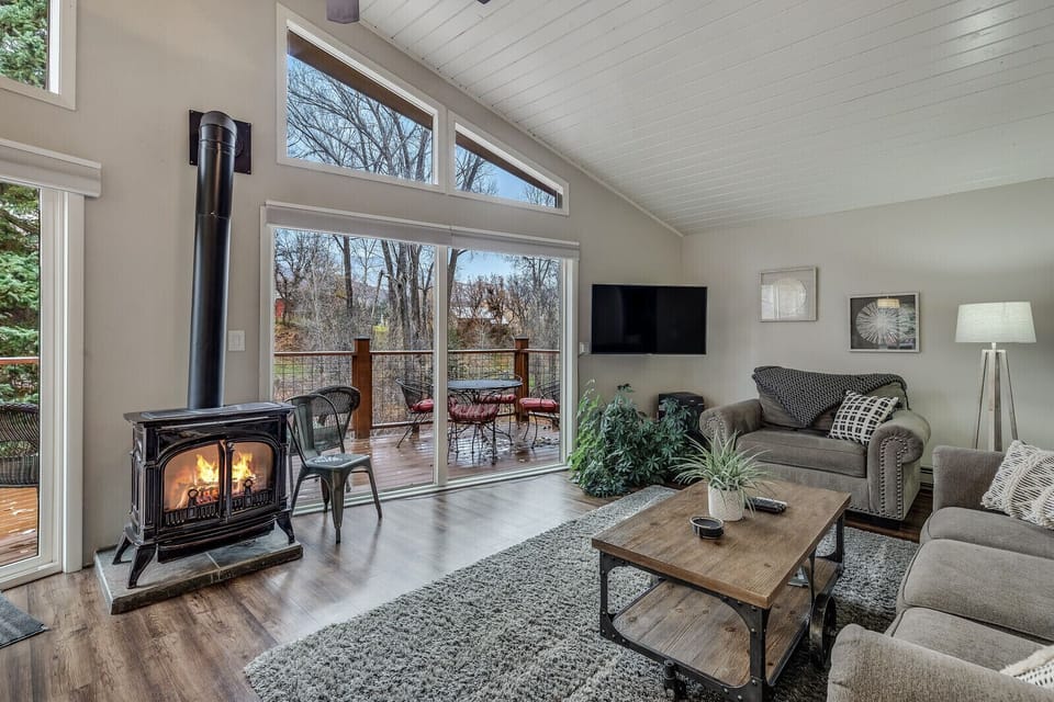 Stay cozy and enjoy the vista with our gas fireplace