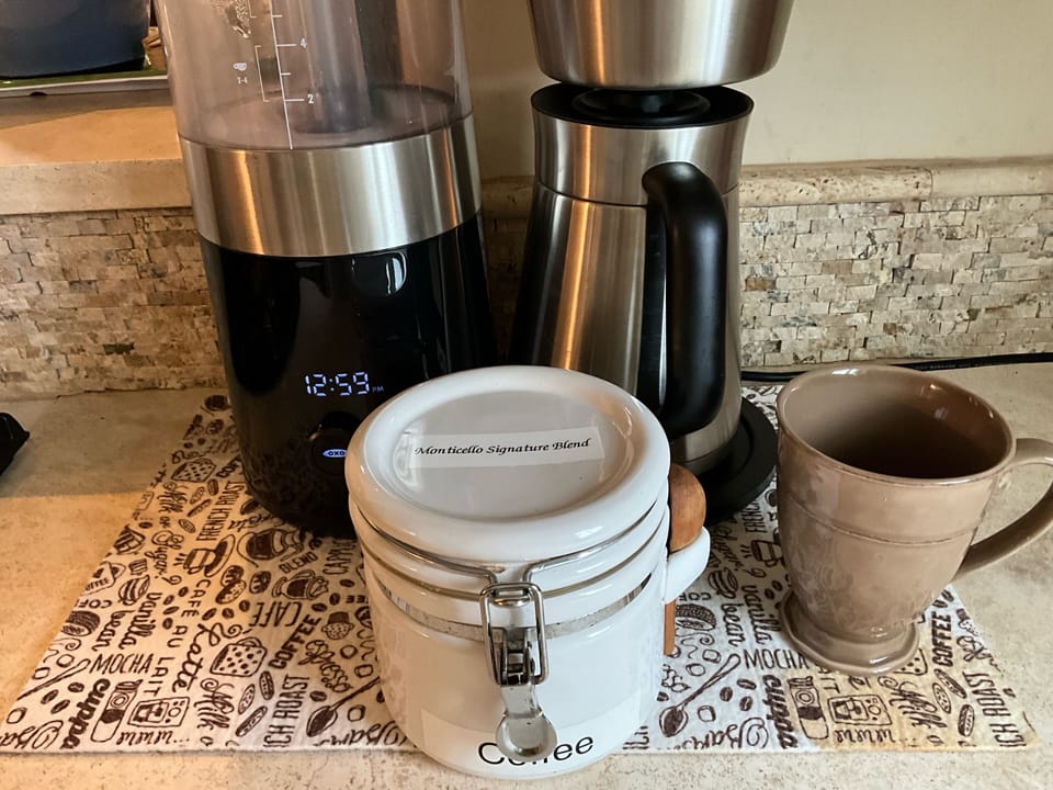 Coffee Corner: Freshly Ground Monticello Signature Blend for your whole stay.
