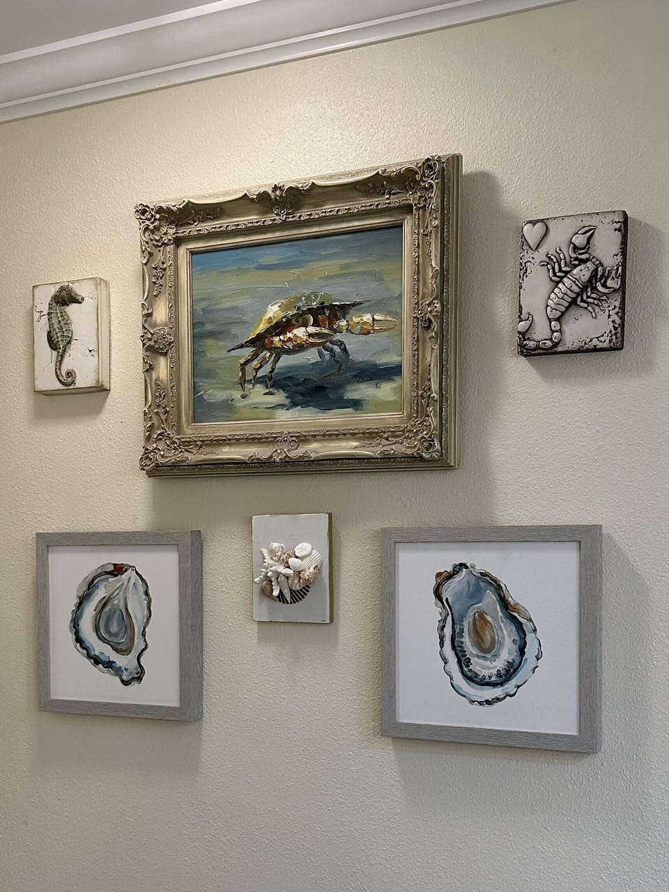 Sea-themed original artwork in master bathroom
