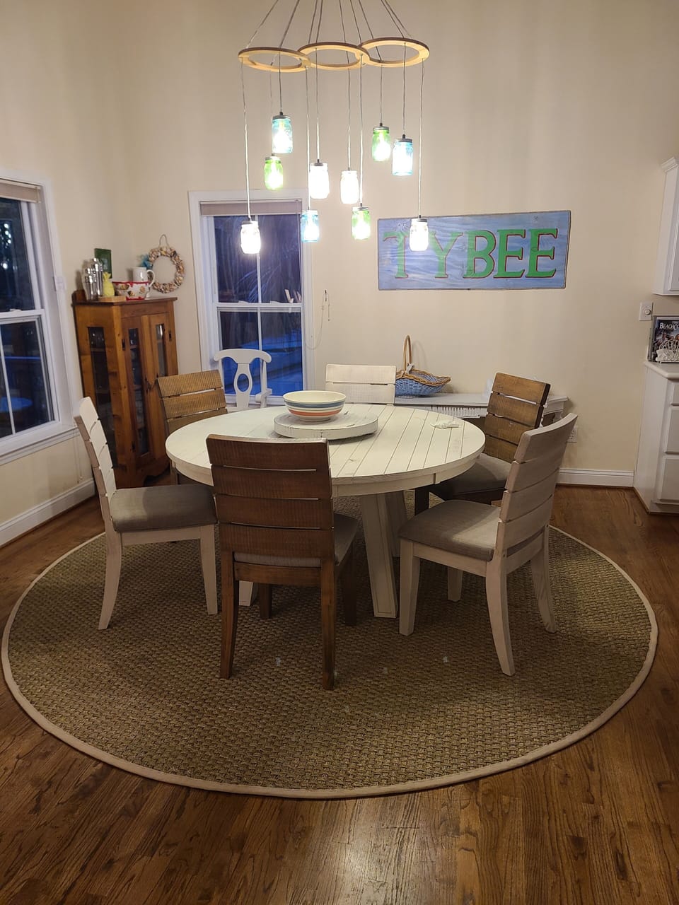 large table for dining and games / 6 chairs, cabinet with barware