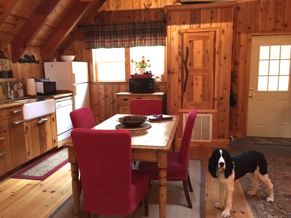 Spacious open floor plan with soaring vaulted ceiling.