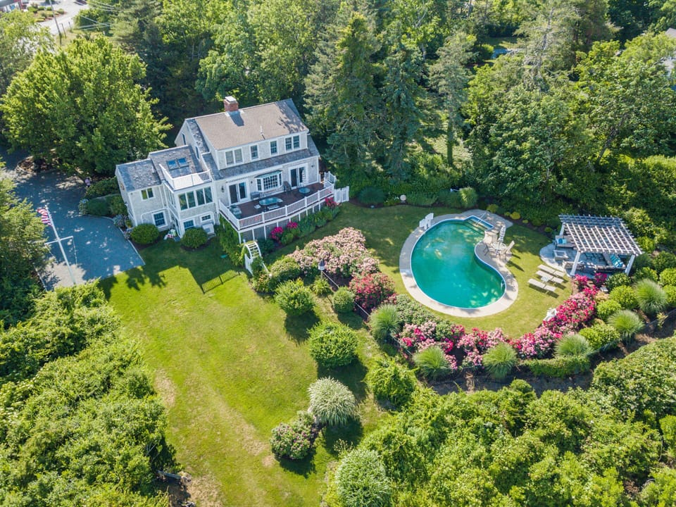 drone view of the house and pool