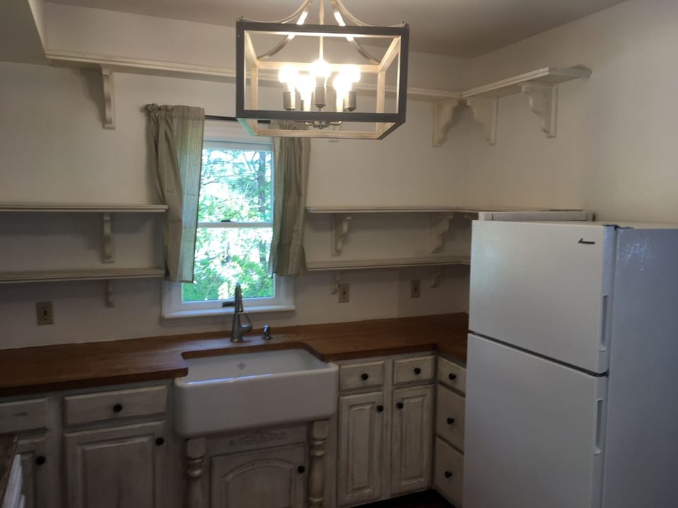 Kitchenette in the cottage.  Fridge, microwave, sink.  