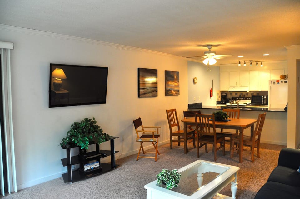 Roomy living room and dinning area with wall mounted 51" TV and blu-ray player