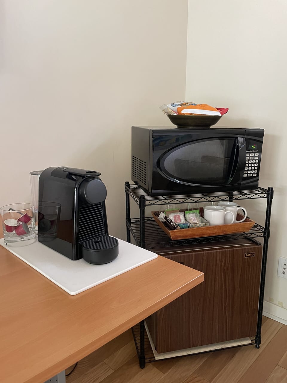 Mini fridge, microwave, coffee maker