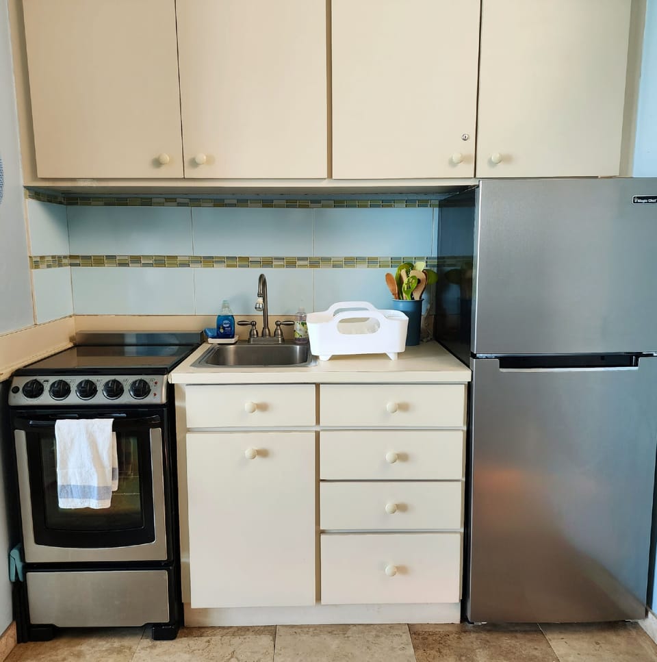 Fully equipped kitchen. Glass top 4 burner range. 