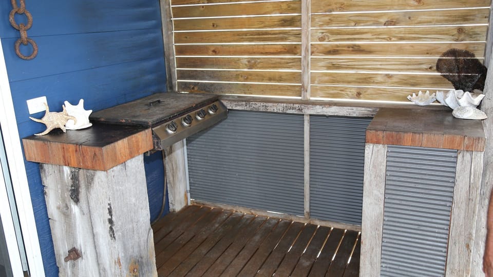 BBQ and bar fridge in the kitchenette on the back deck