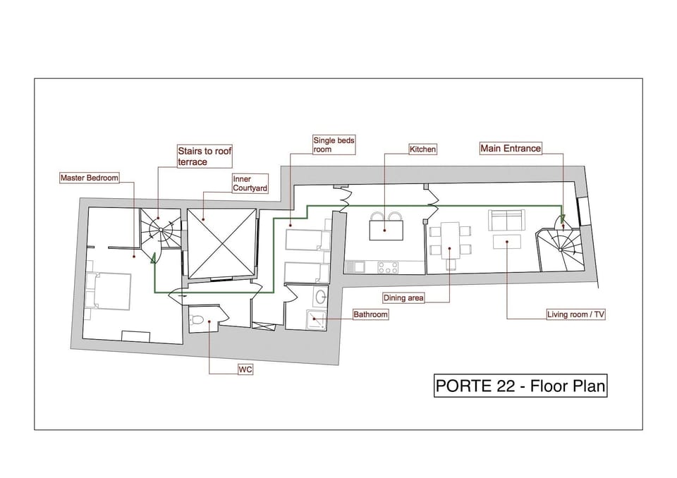 Green line = passage from front door to back stairs. Roof terrace not shown