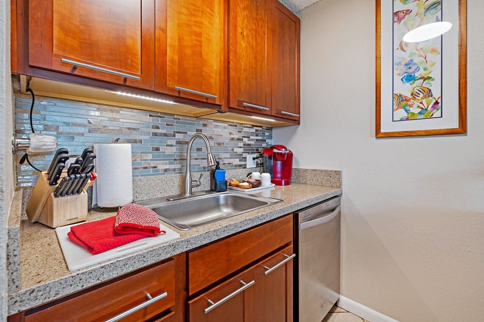 Remodeled kitchen with dishwasher, Keurig and regular drip coffee maker too.