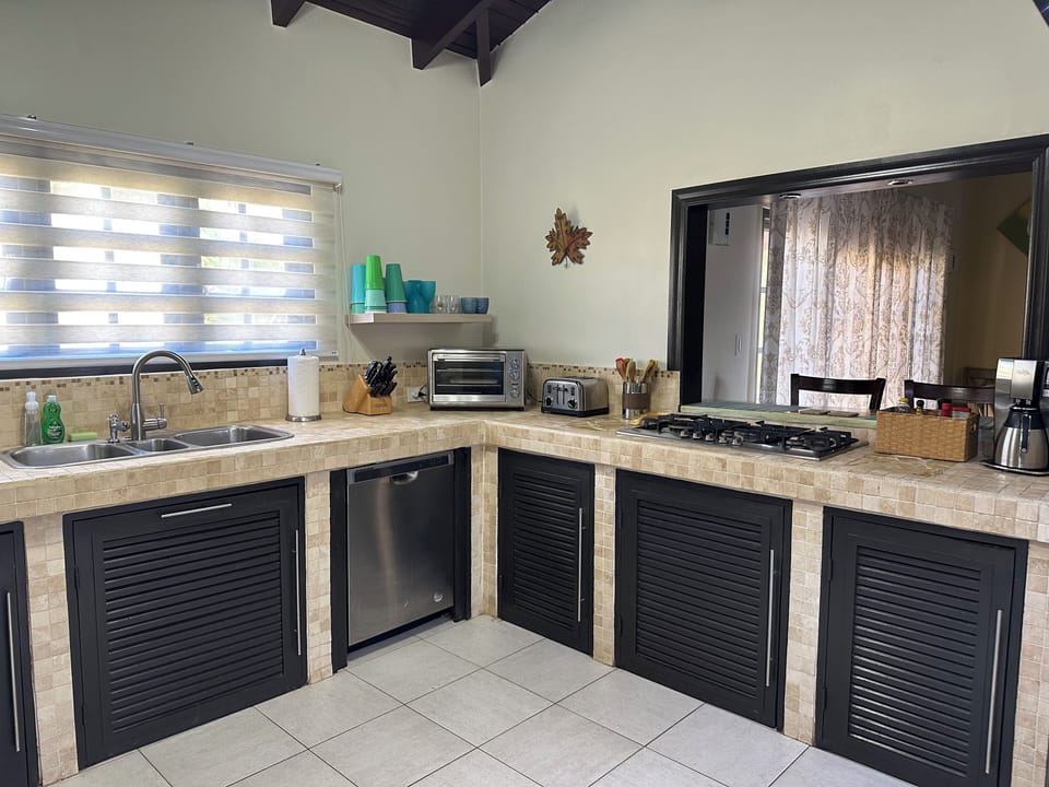 Kitchen with Travertine Countertop - view from Living Room- Pic Date: March 2025