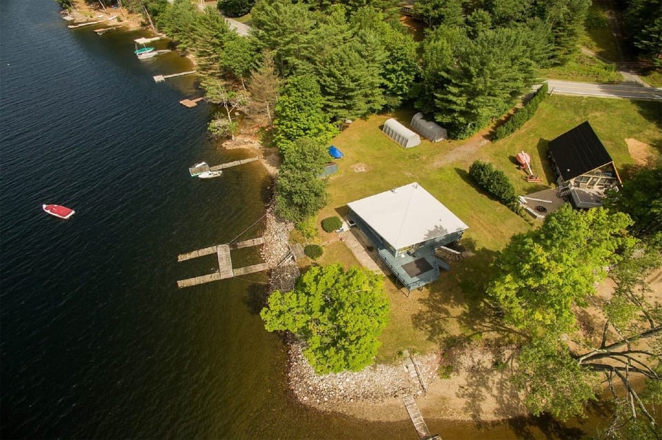 Overhead view -- large deck in front overlooking bay and beach area