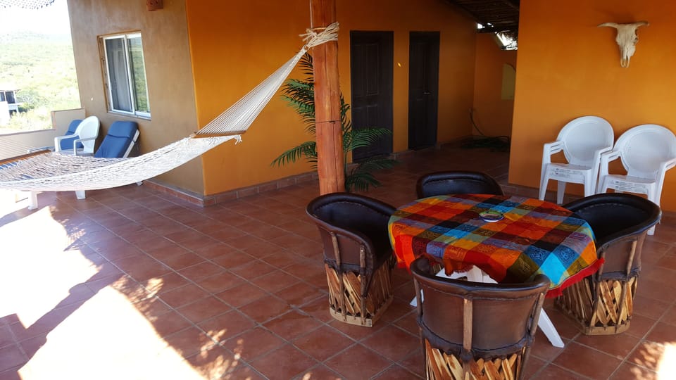 Upper patio under a large palapa 