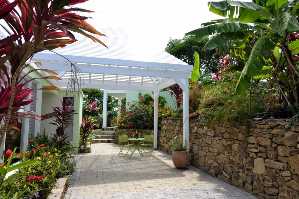 Rear gazebo surrounded by tropical plants