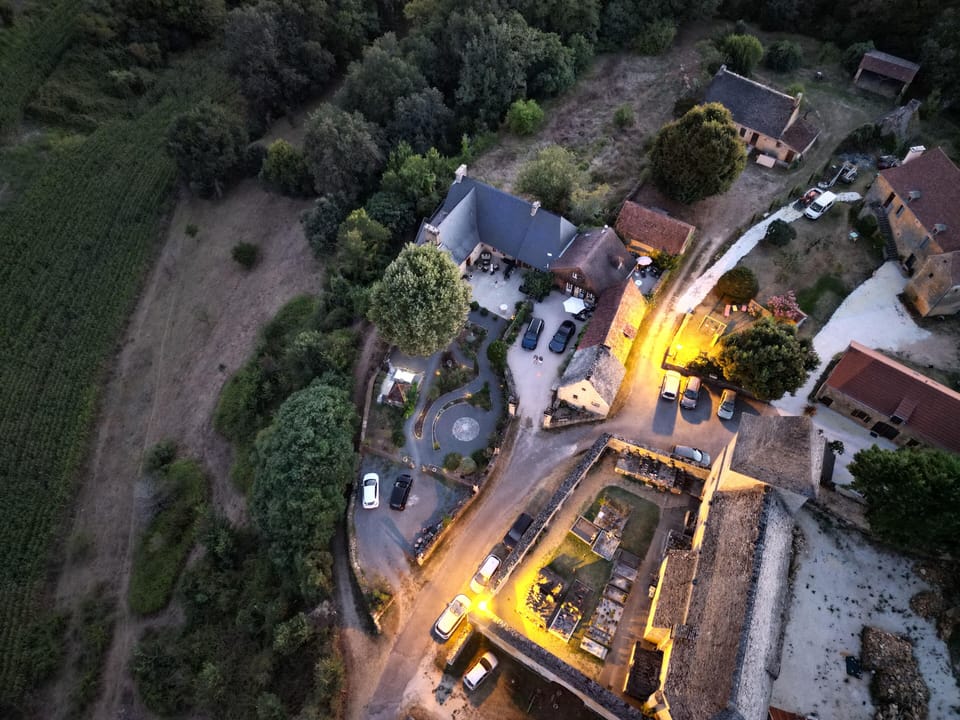 A stunning aerial view of the Manoir, gite and the beautiful hamlet of Carlucet.